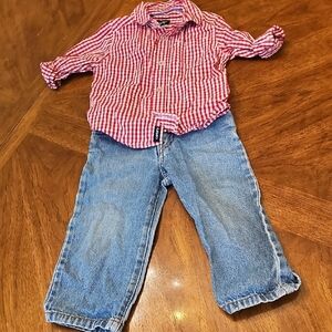 Red Gingham Check Button Down Shirt and Blue Jeans Baby Set Sz 24 Mnths Classic